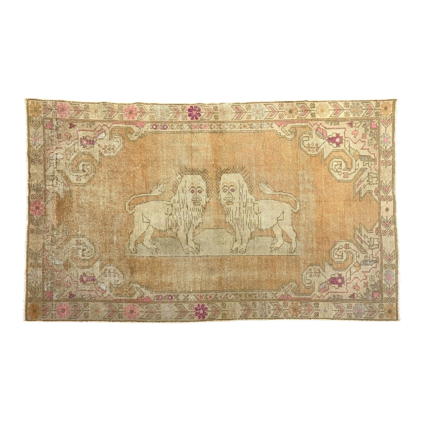 Lion Design Turkish Oushak Rug Wall Hanging - Kilim Art Gallery