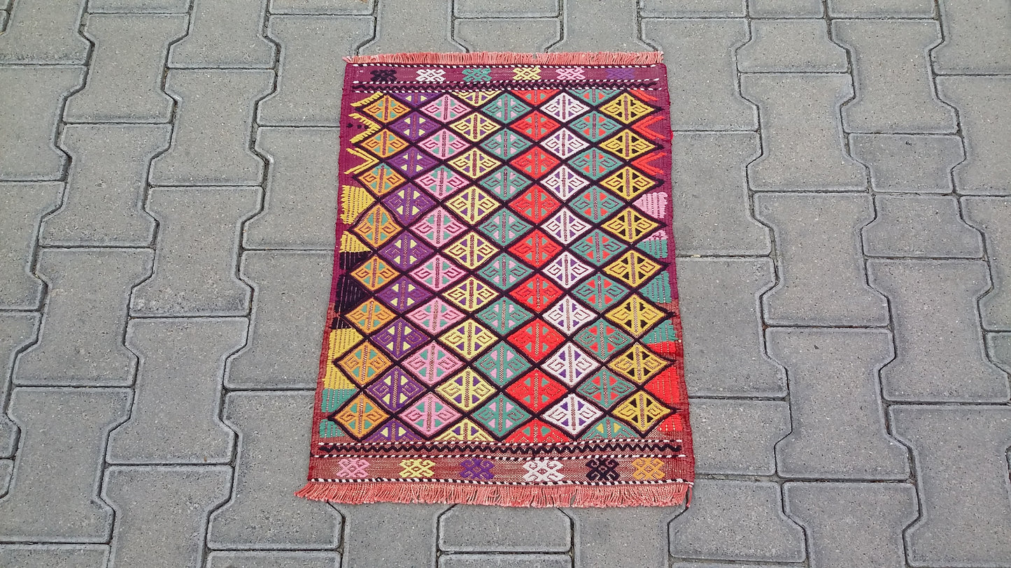 Small Colorful Boho Cicim Kilim Rug