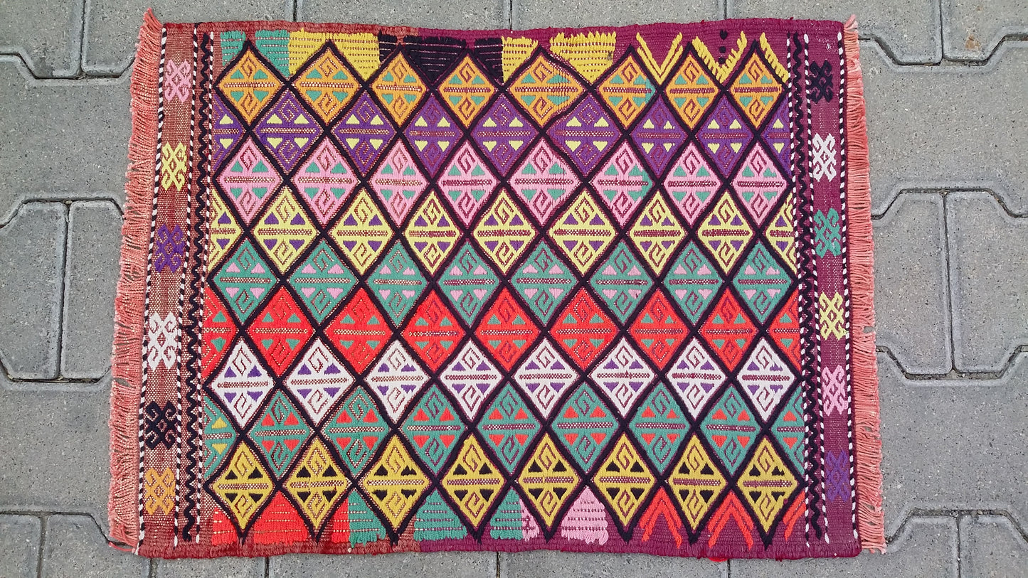Small Colorful Boho Cicim Kilim Rug