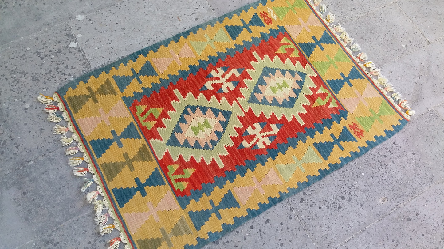 Small Turkish Kilim Rug Doormat Bathmat