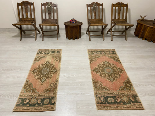 Twin Pair of Turkish Oushak Small Rugs Doormats Bath Mats
