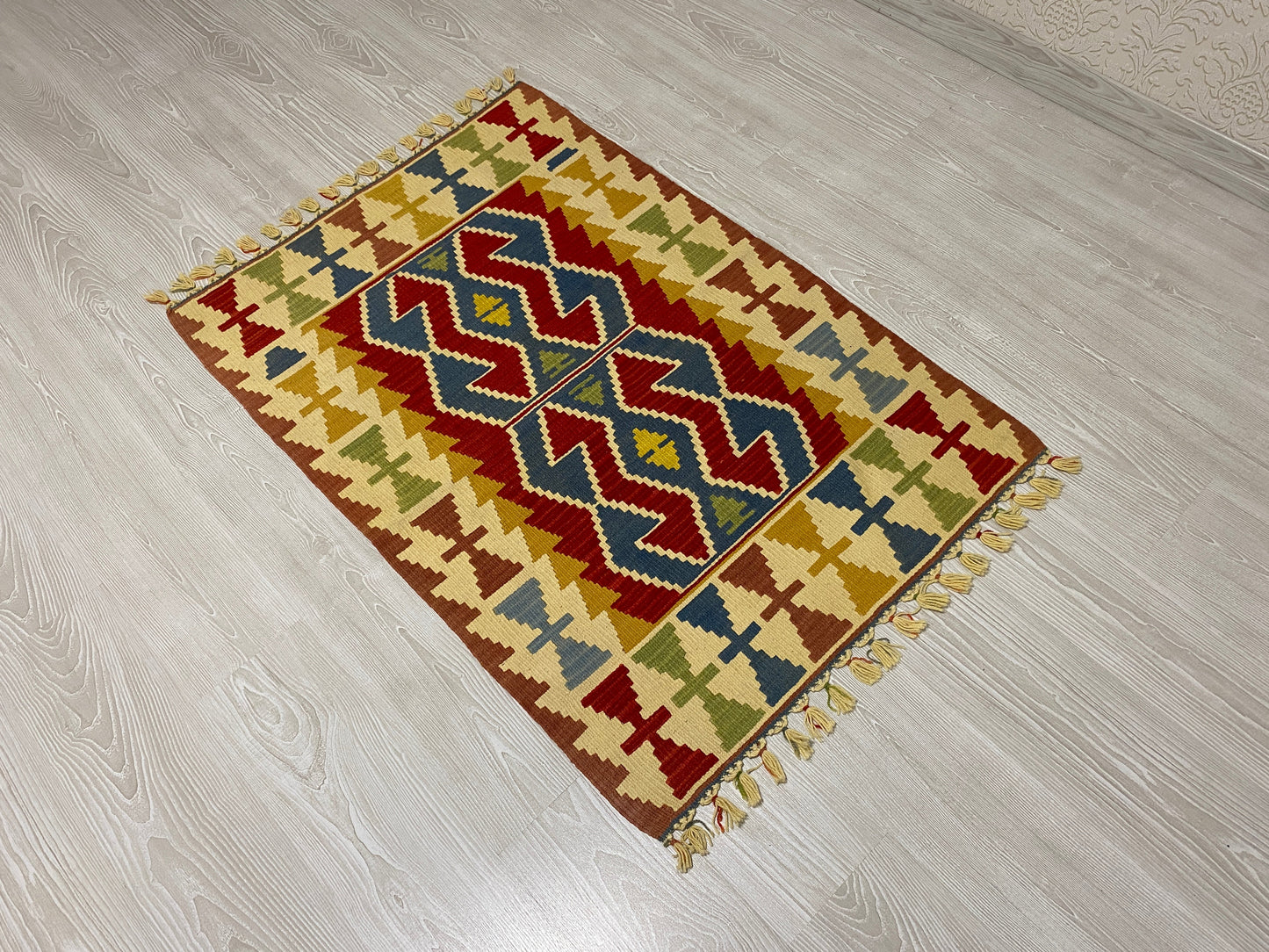 Blue Red Hands on Hips Design Kilim Rug - Kilim Art Gallery