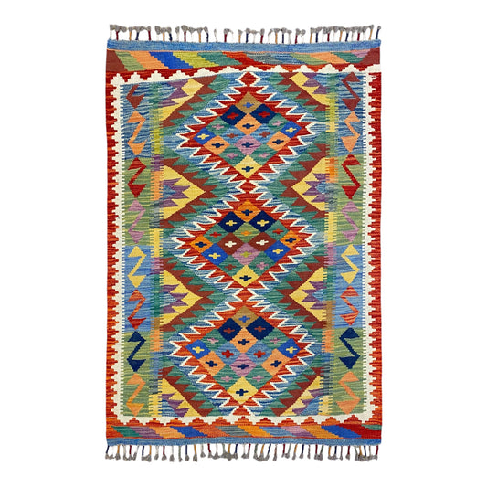 Alfombra Kilim geométrica de la mejor calidad con tonos azul y verde