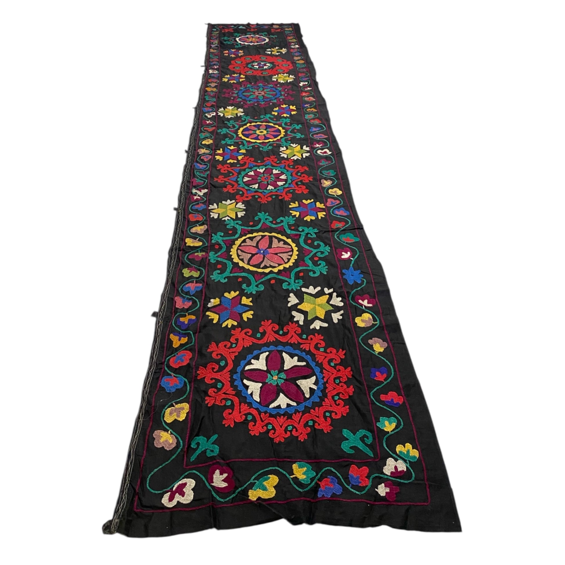 11' Ft Vintage Black Suzani Textile Runner Wall Hanging - Kilim Art Gallery