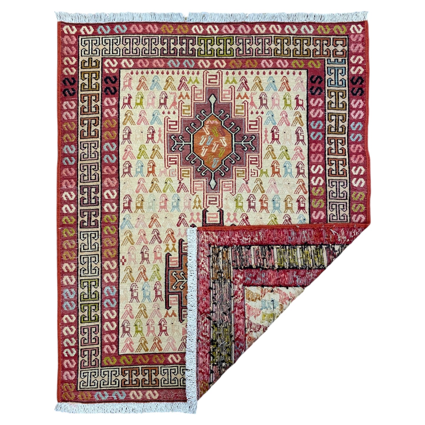 Small Silk Soumak Kelim Rug with Animal Desgin