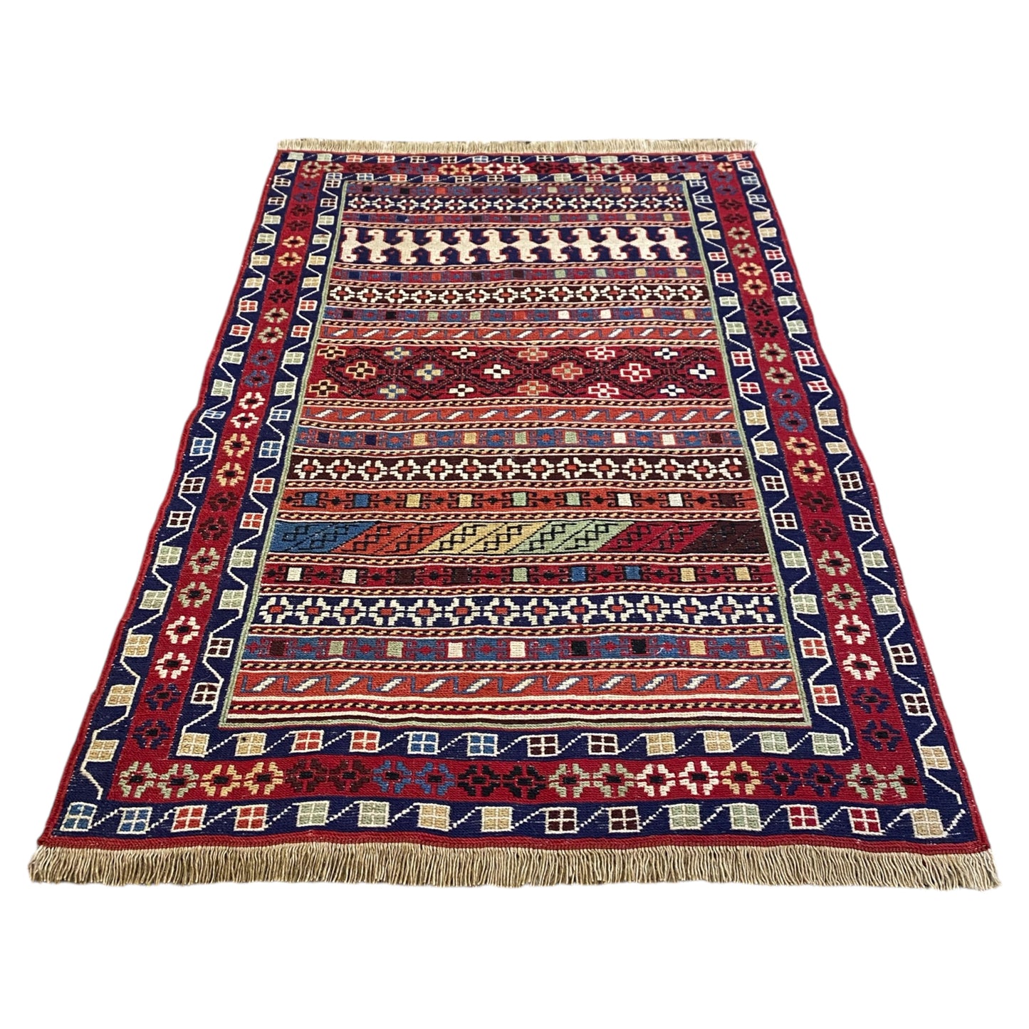 Small Tribal RahRah Soumak Kilim Rug