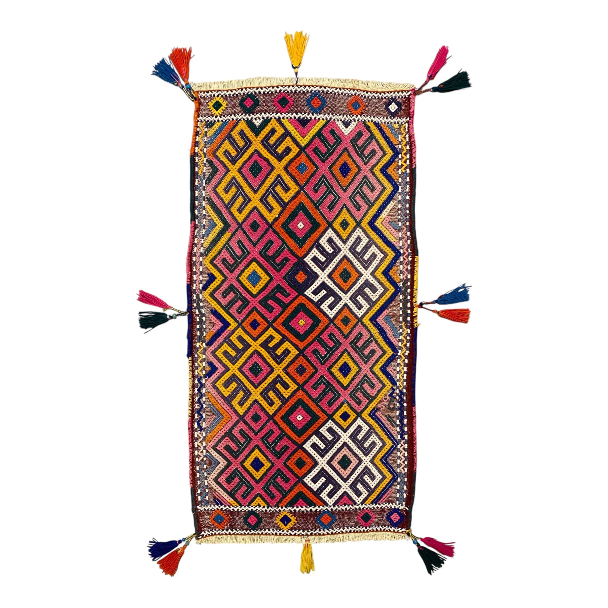 3' Ft Pink Yellow Boho Hand Embroidered Cicim Kilim Rug Wall Hanging - Kilim Art Gallery