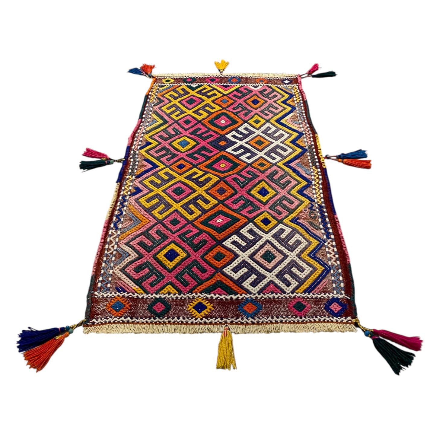 3' Ft Pink Yellow Boho Hand Embroidered Cicim Kilim Rug Wall Hanging - Kilim Art Gallery