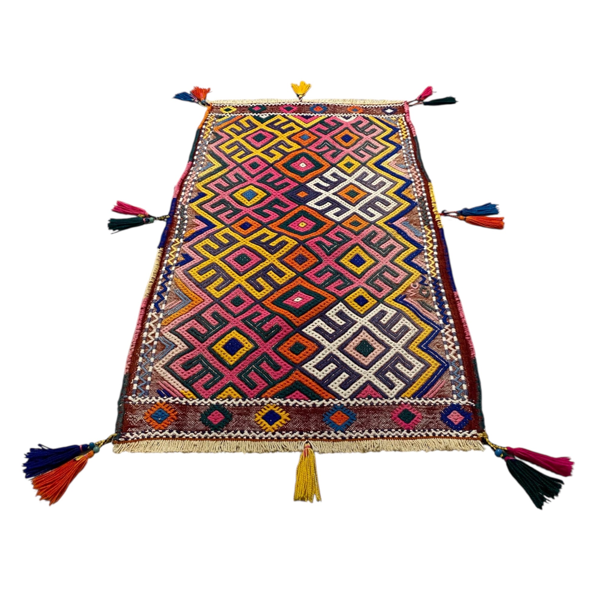 3' Ft Pink Yellow Boho Hand Embroidered Cicim Kilim Rug Wall Hanging - Kilim Art Gallery