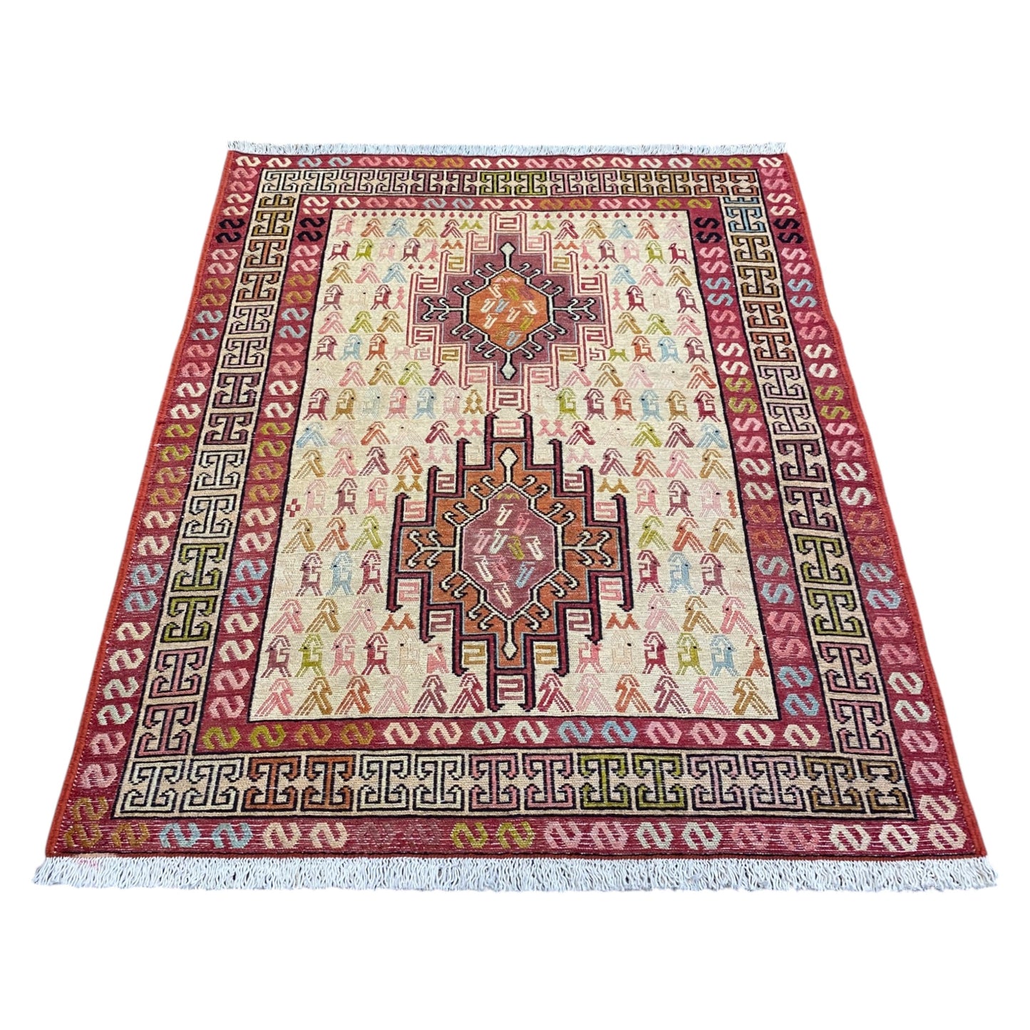 Small Silk Soumak Kelim Rug with Animal Desgin