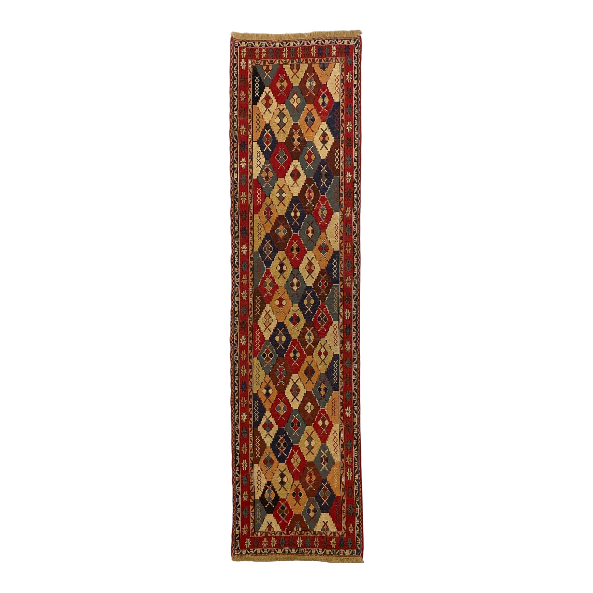 9' Ft Soumak Runner Rug with Geometric Design - Kilim Art Gallery