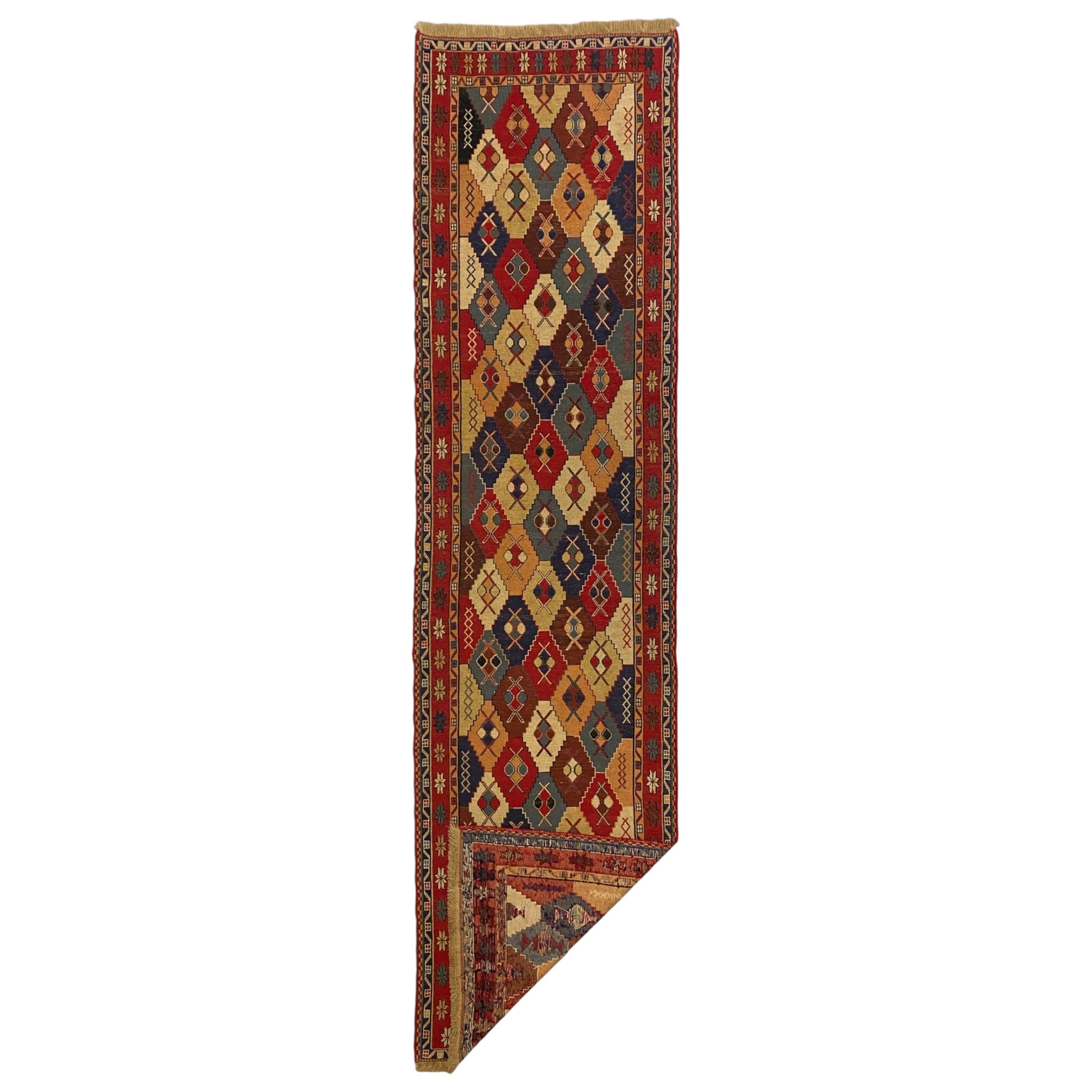 9' Ft Soumak Runner Rug with Geometric Design - Kilim Art Gallery