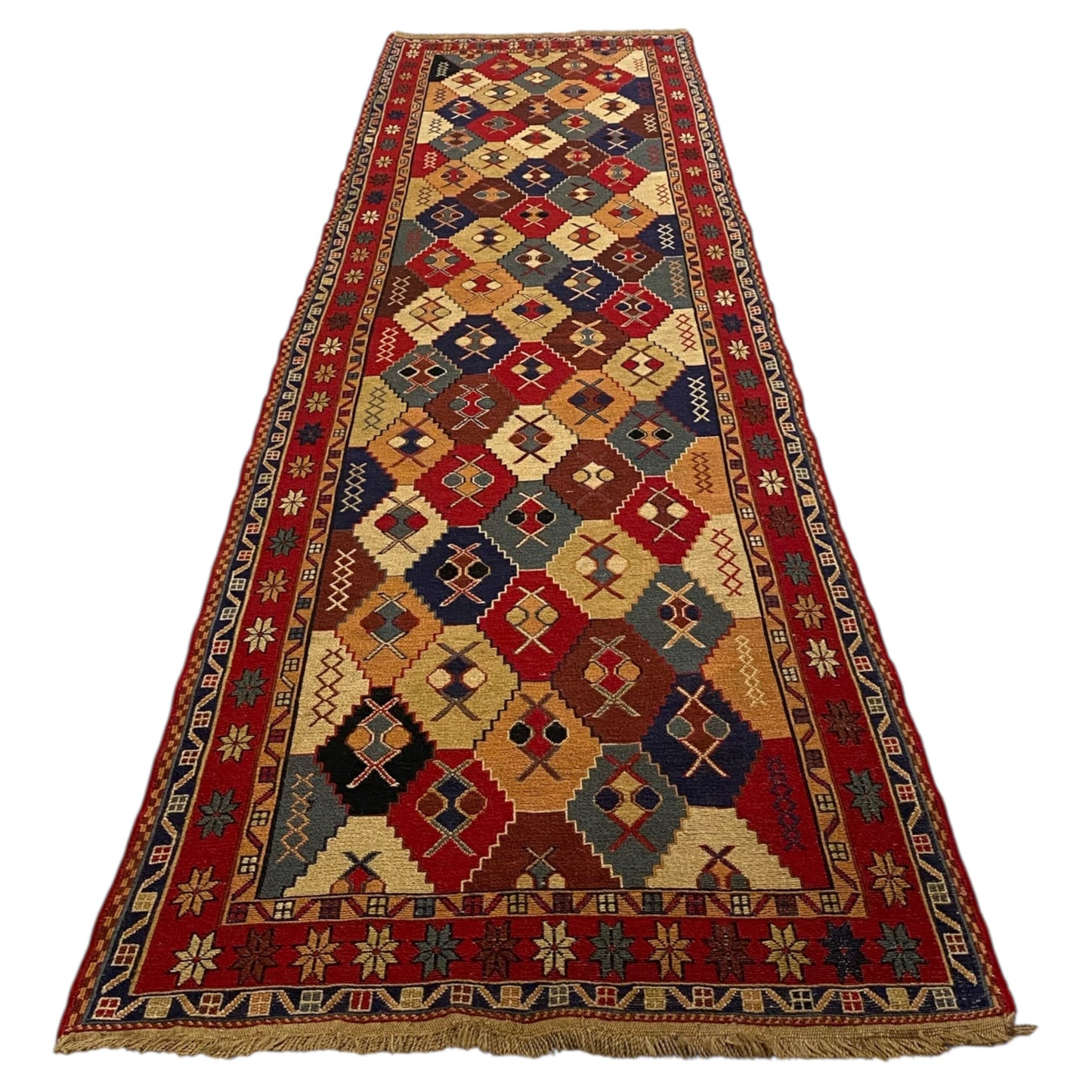 9' Ft Soumak Runner Rug with Geometric Design - Kilim Art Gallery