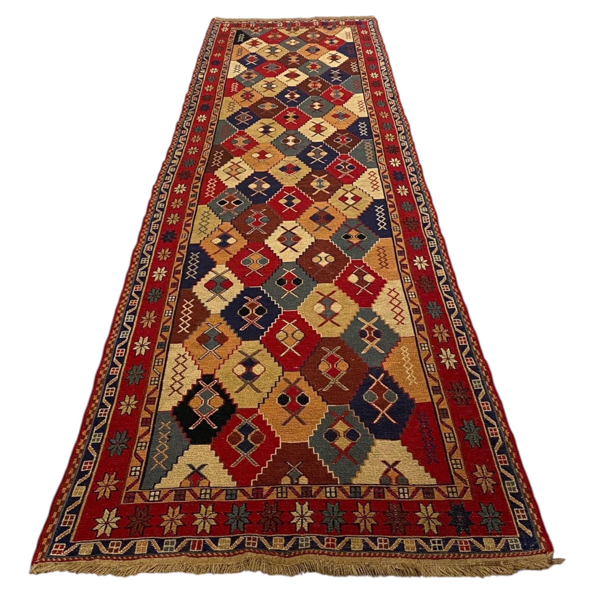 9' Ft Soumak Runner Rug with Geometric Design - Kilim Art Gallery