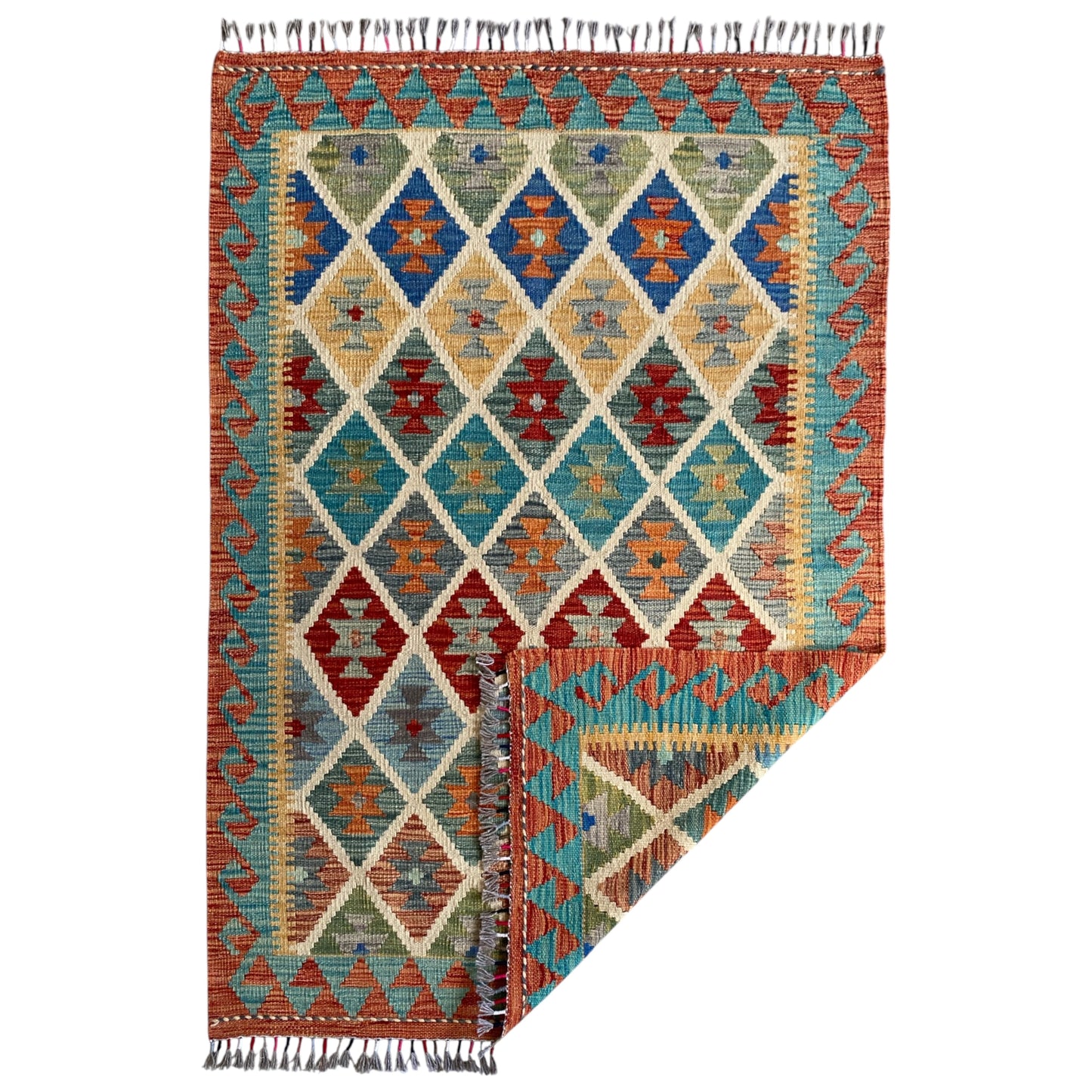 Geometric Design Hand Woven Wool Nomadic Tribal Kelim Rug