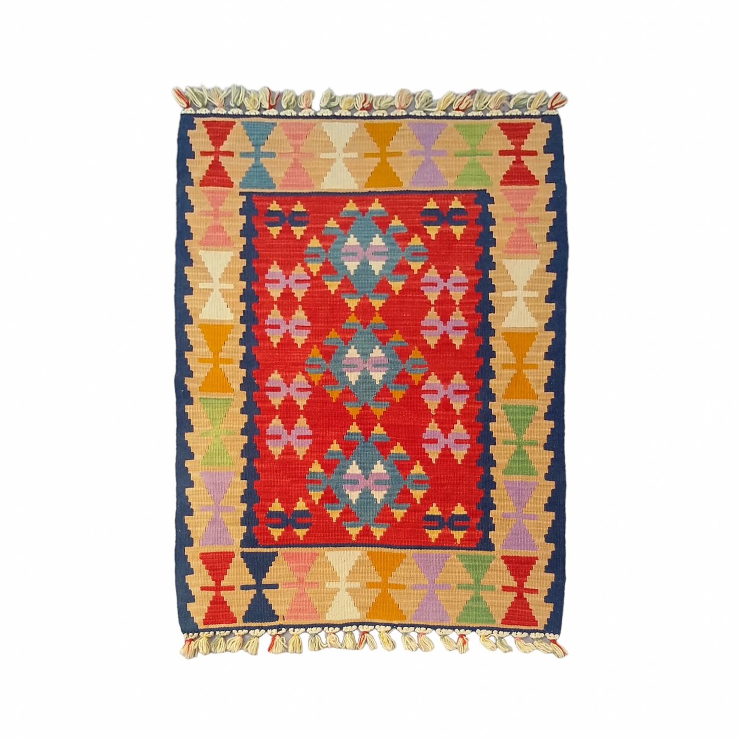 Red and Blue Turkish Kayseri Sariz Kilim Rug 3'x4'