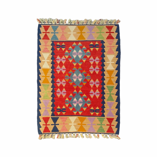 Red and Blue Turkish Kayseri Sariz Kilim Rug 3'x4'