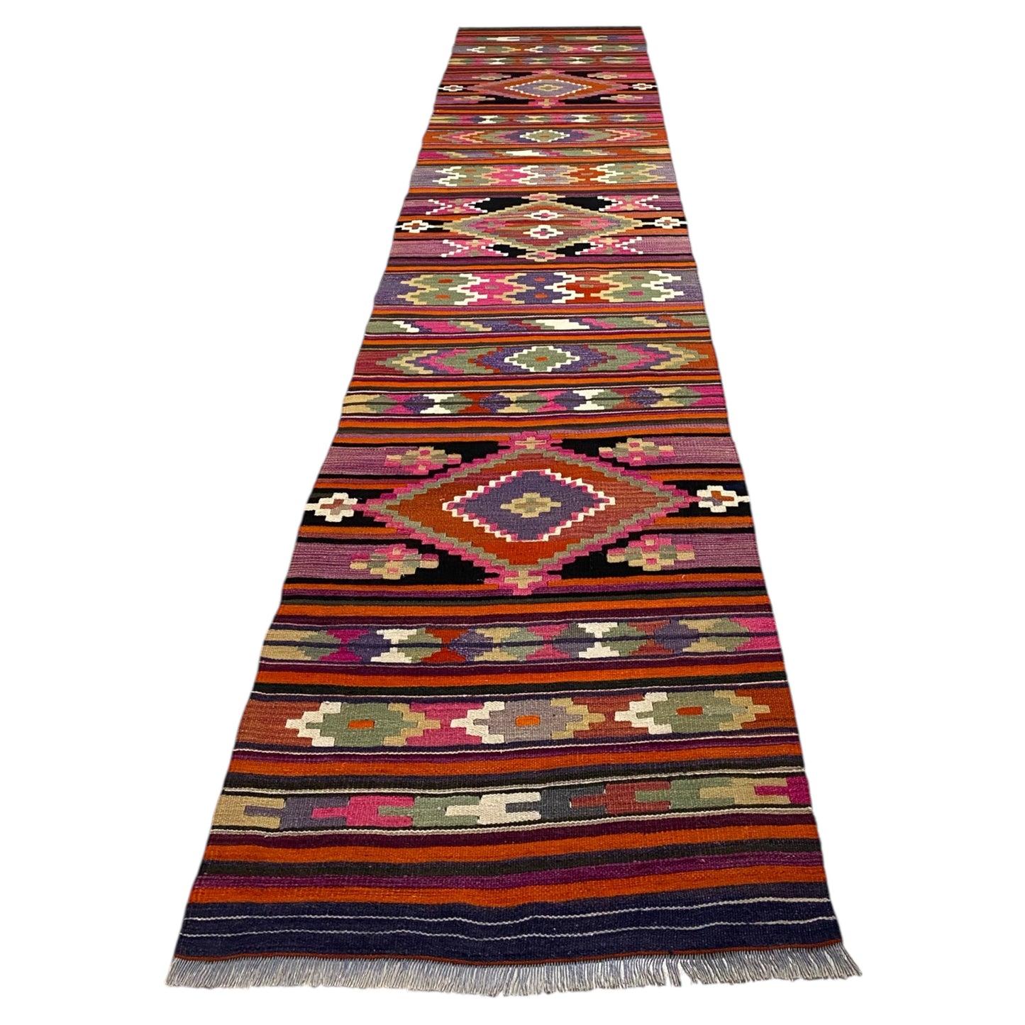 Aztec Design Pink Malatya Kelim Runner Rug for Hallway and Kitchen - Kilim Art Gallery