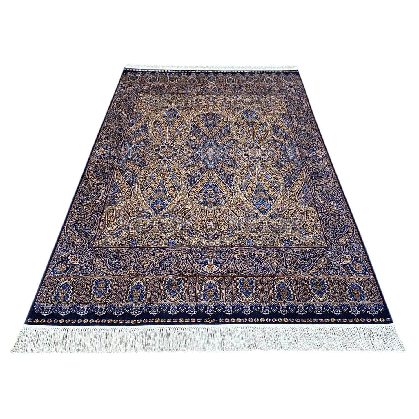 Blue and Gold Color Bamboo Rug - Kilim Art Gallery