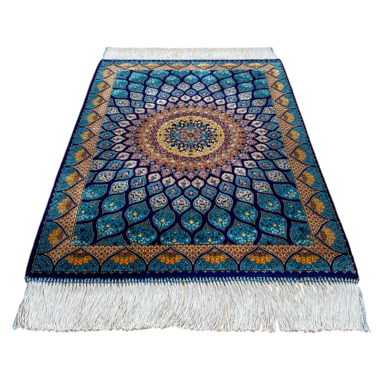 Blue Gumbad Design Bamboo Silk Rug - Kilim Art Gallery
