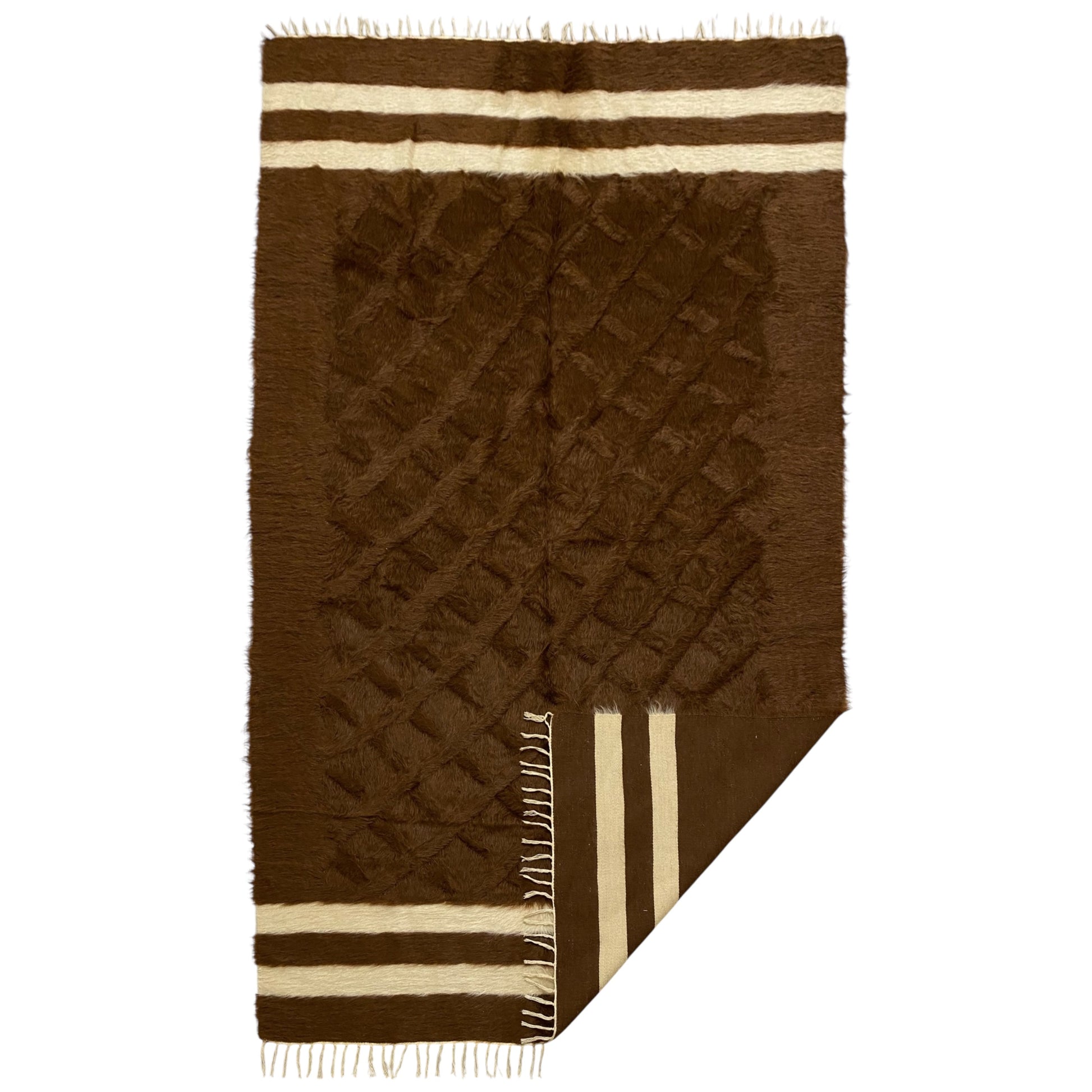 Brown White Nordic Style Minimalist Ethnic Turkish Siirt Angora Mohair Blanket Kilim Rug - Kilim Art Gallery