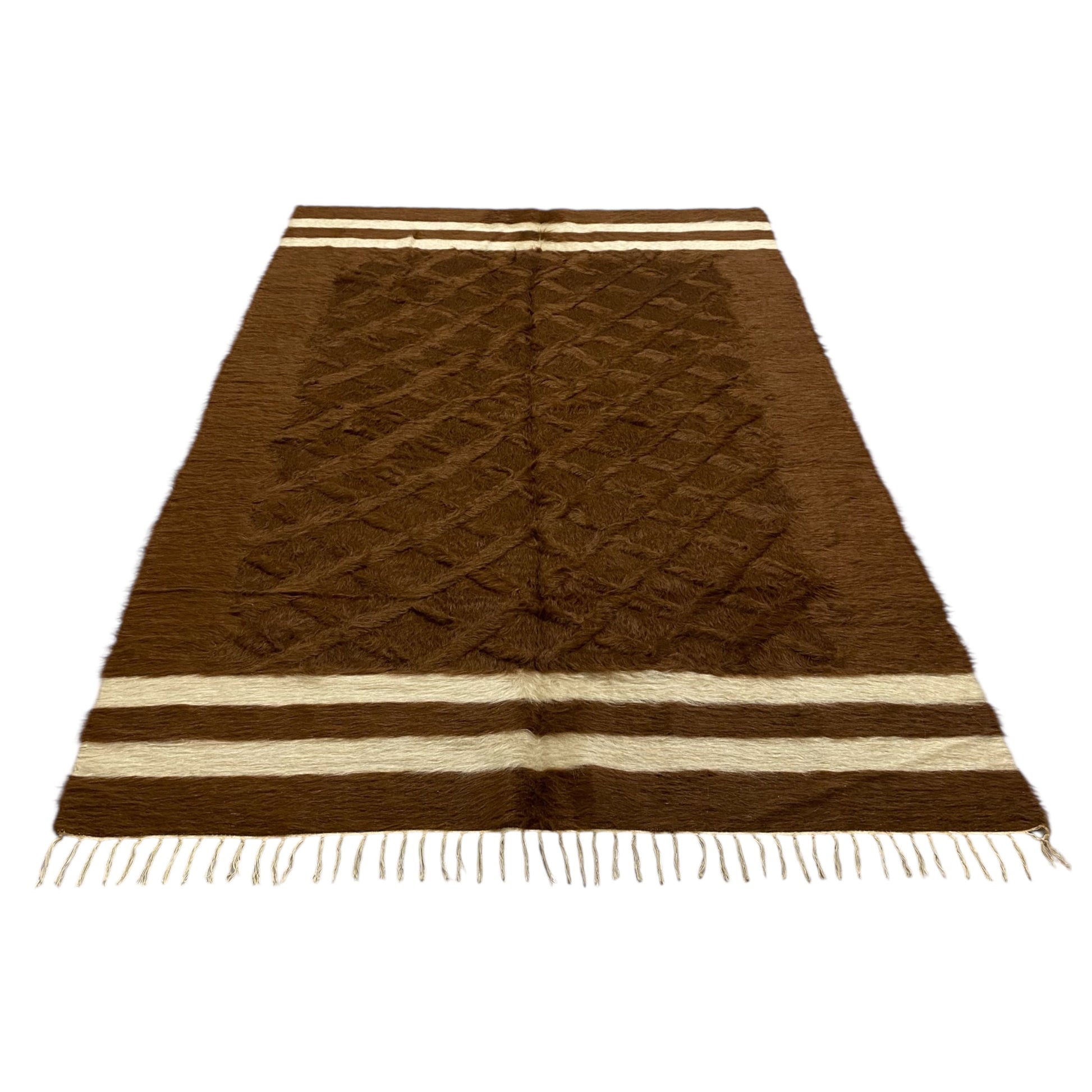 Brown White Nordic Style Minimalist Ethnic Turkish Siirt Angora Mohair Blanket Kilim Rug - Kilim Art Gallery