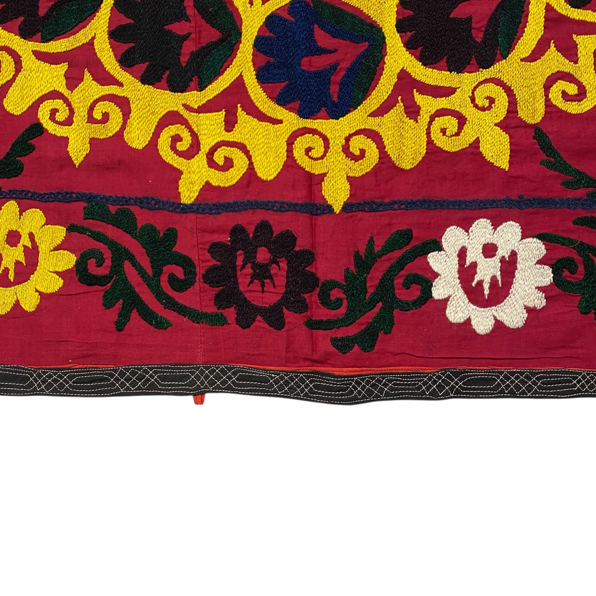 Burgundy Suzani with Yellow White Black Embroidery Wall Hanging / Throw / Bed Spread / Textile - Kilim Art Gallery