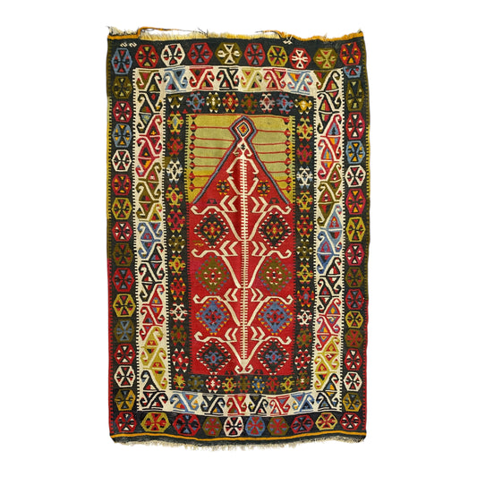 Collectable Gömürgen kelim rug full view with elegant mihrab and Central Anatolian design