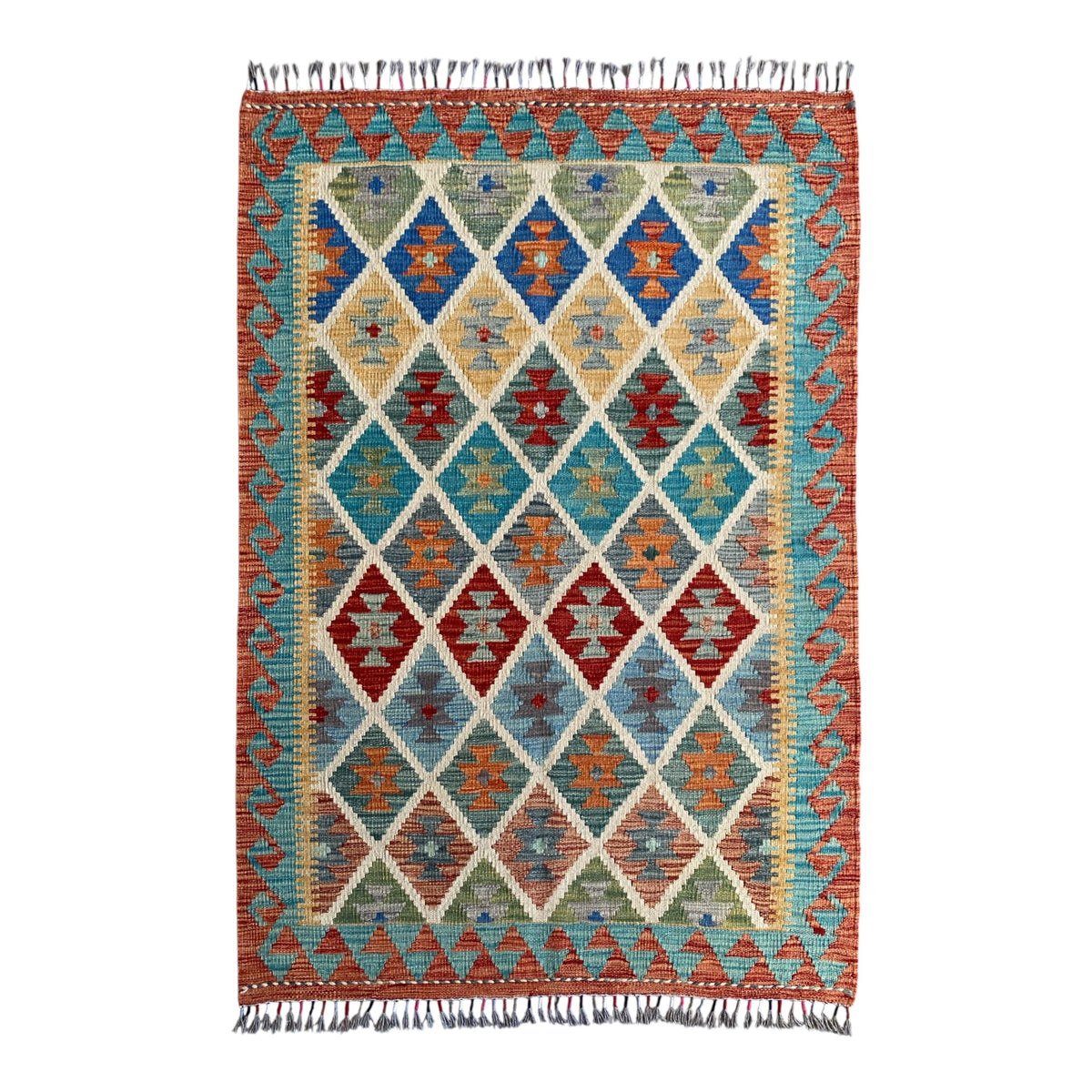 Geometric Design Hand Woven Wool Nomadic Tribal Kelim Rug - Kilim Art Gallery