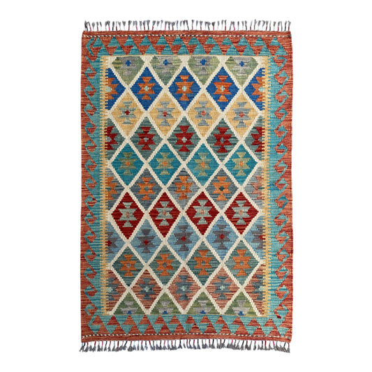 Geometric Design Hand Woven Wool Nomadic Tribal Kelim Rug - Kilim Art Gallery