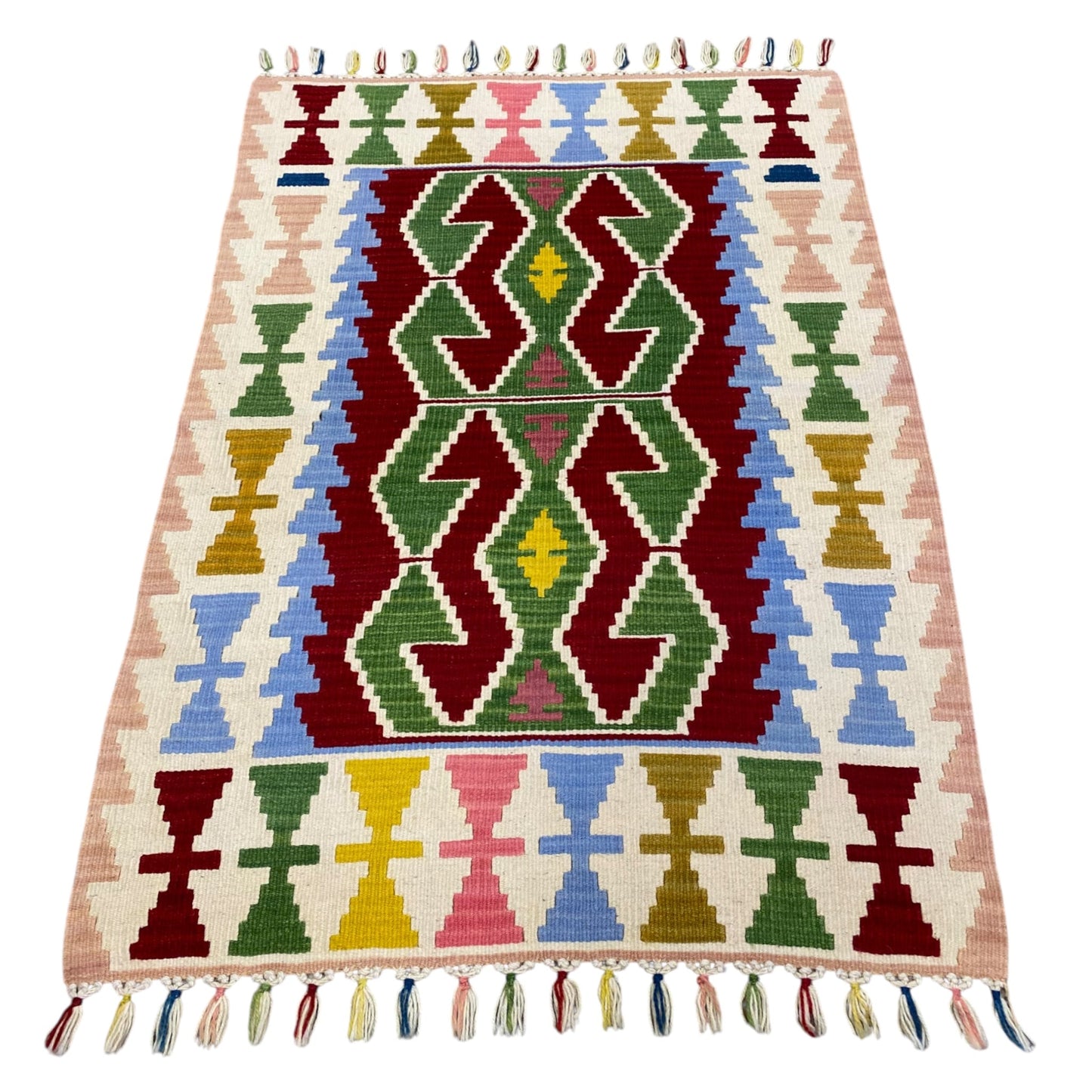 Green Hands on Hips Design Turkish Kayseri Kilim Rug 3'x4' - Kilim Art Gallery