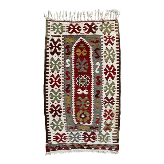 Kula Ghordes prayer kilim rug full view with mihrab design, vintage Anatolian prayer rug