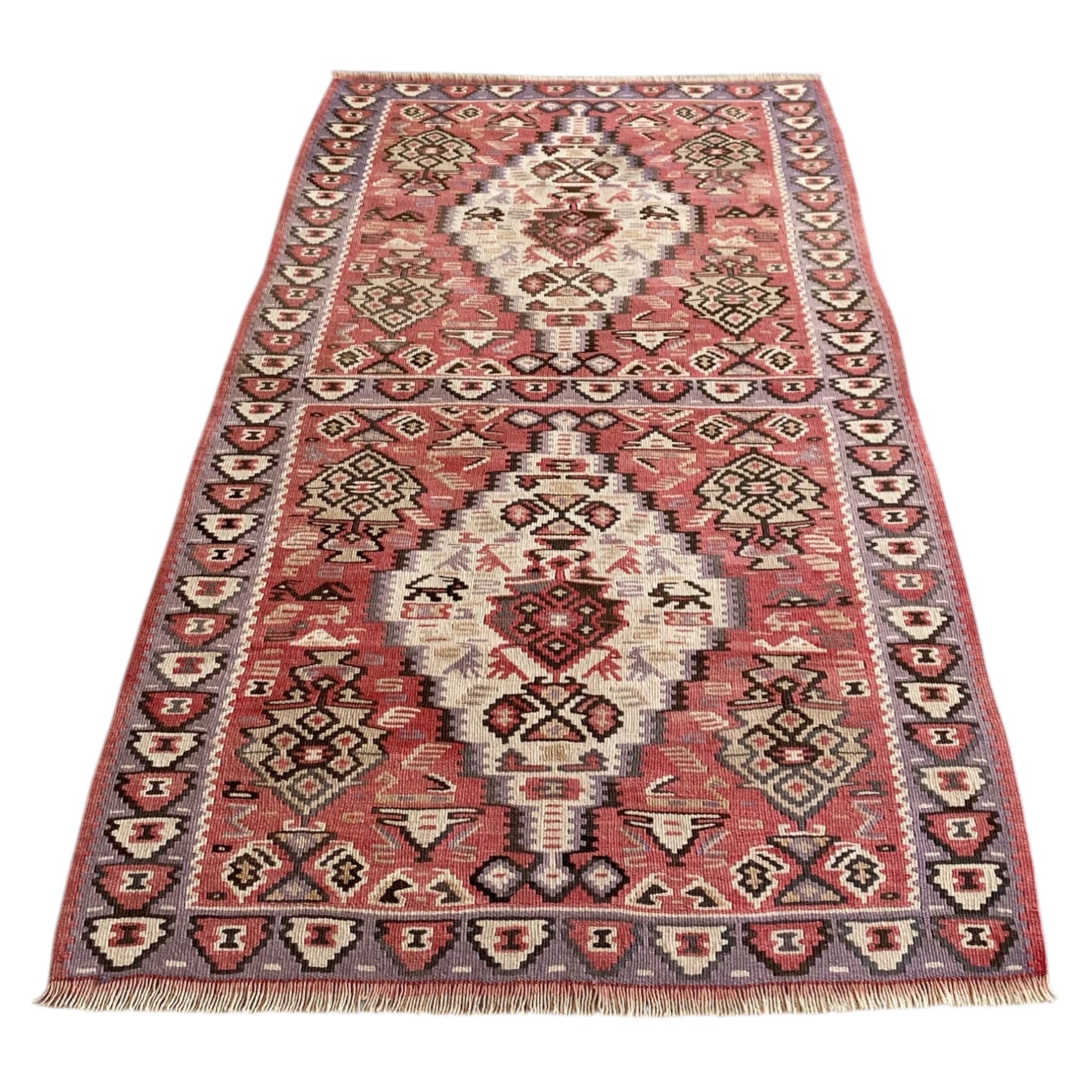Angled perspective view of Kurdish Senneh kilim rug showing full design and borders
