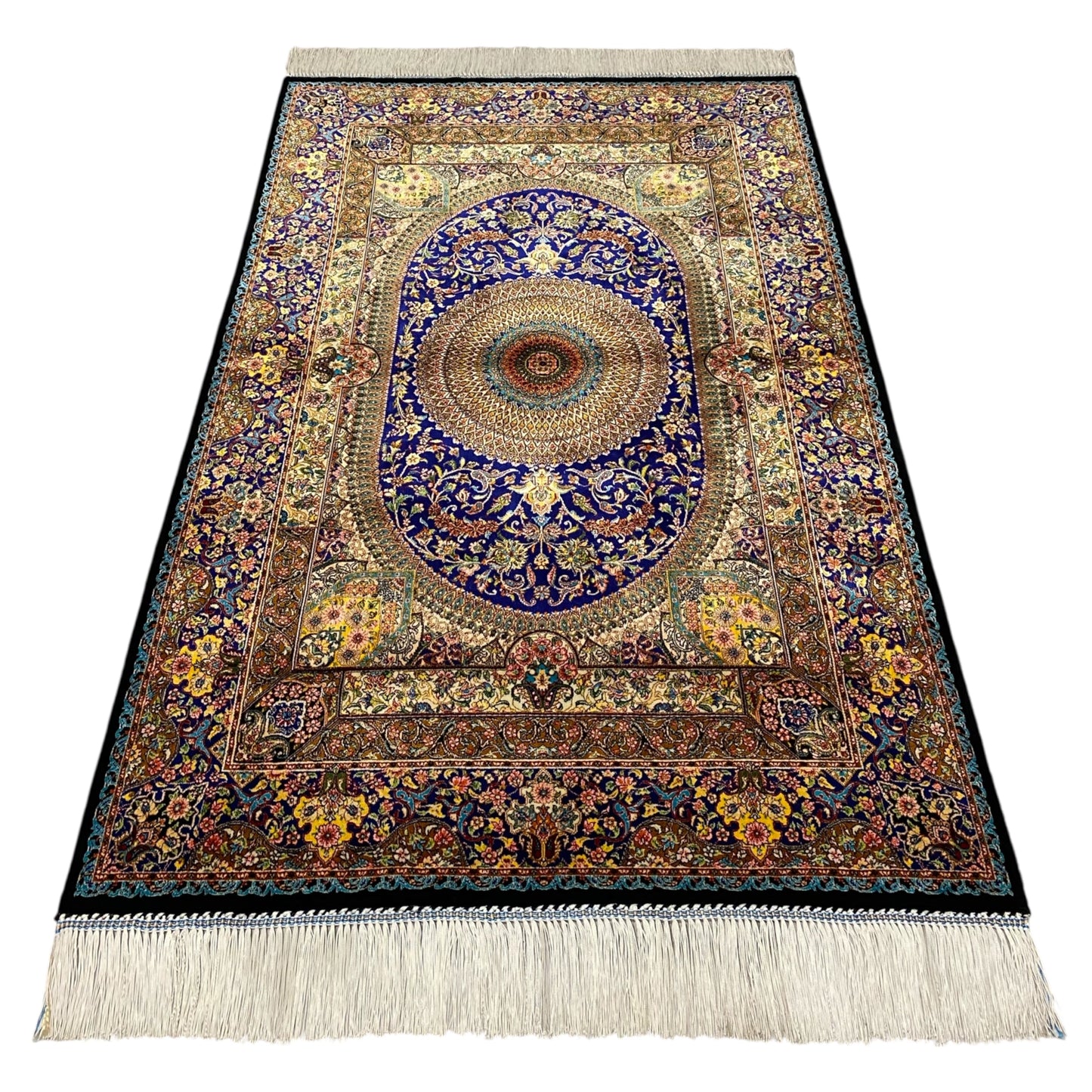 Navy Blue Hereke Modal Silk Rug - Kilim Art Gallery