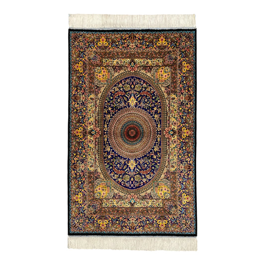 Navy Blue Hereke Modal Silk Rug - Kilim Art Gallery
