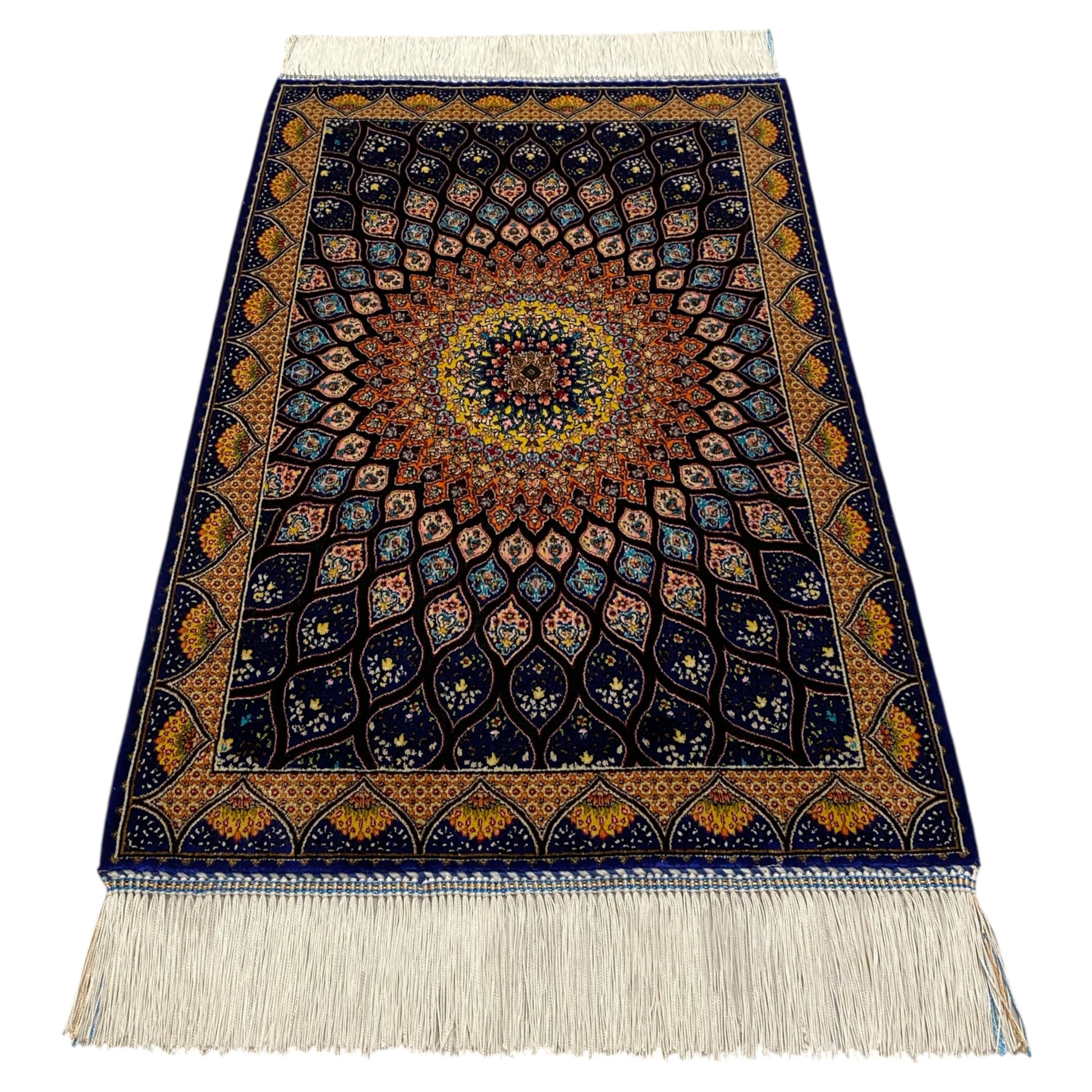 Navy Blue Peacock Silk Rug - Kilim Art Gallery