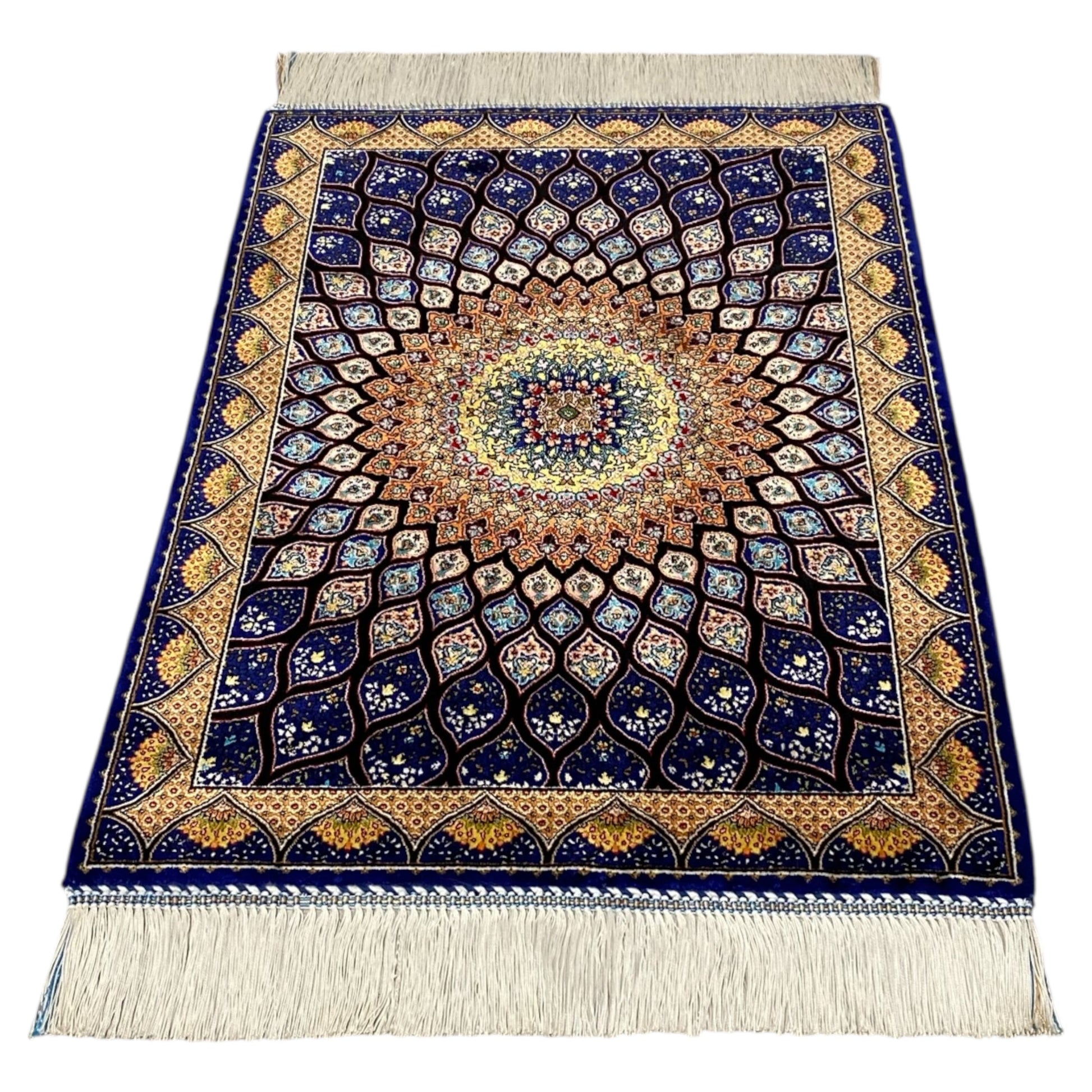 Navy Blue Peacock Silk Rug - Kilim Art Gallery
