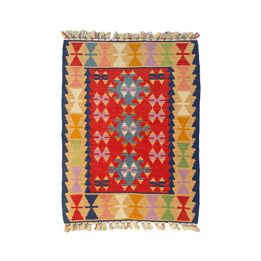 Red and Blue Turkish Kayseri Sariz Kilim Rug 3'x4' - Kilim Art Gallery