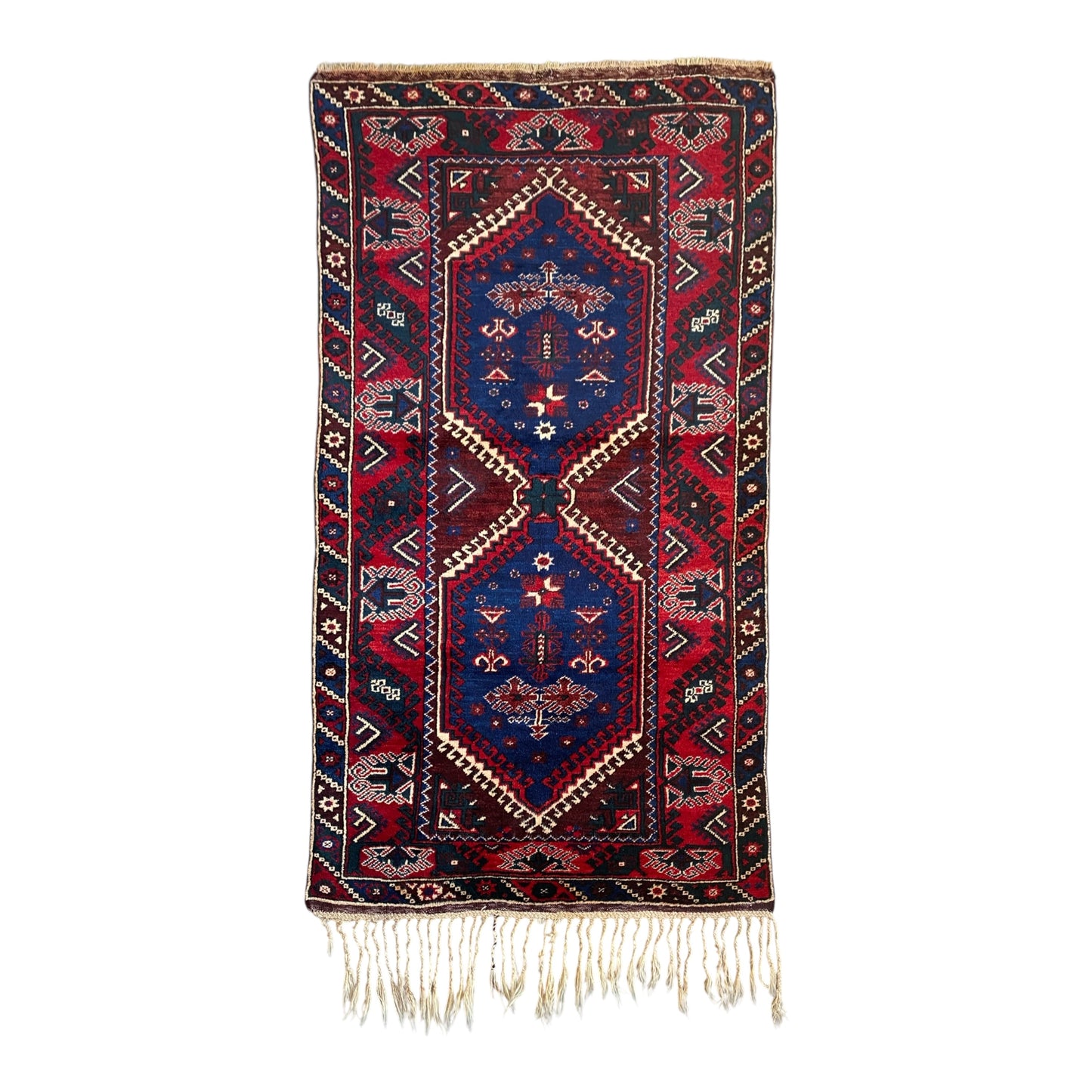 Red and Navy Blue Turkish Döşemealtı Lotto Rug - Kilim Art Gallery
