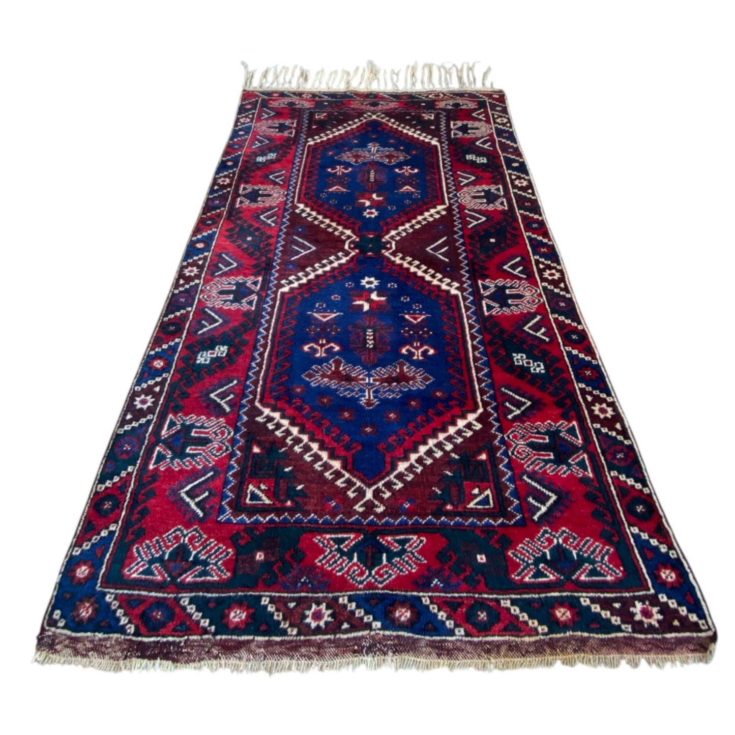 Red and Navy Blue Turkish Döşemealtı Lotto Rug - Kilim Art Gallery