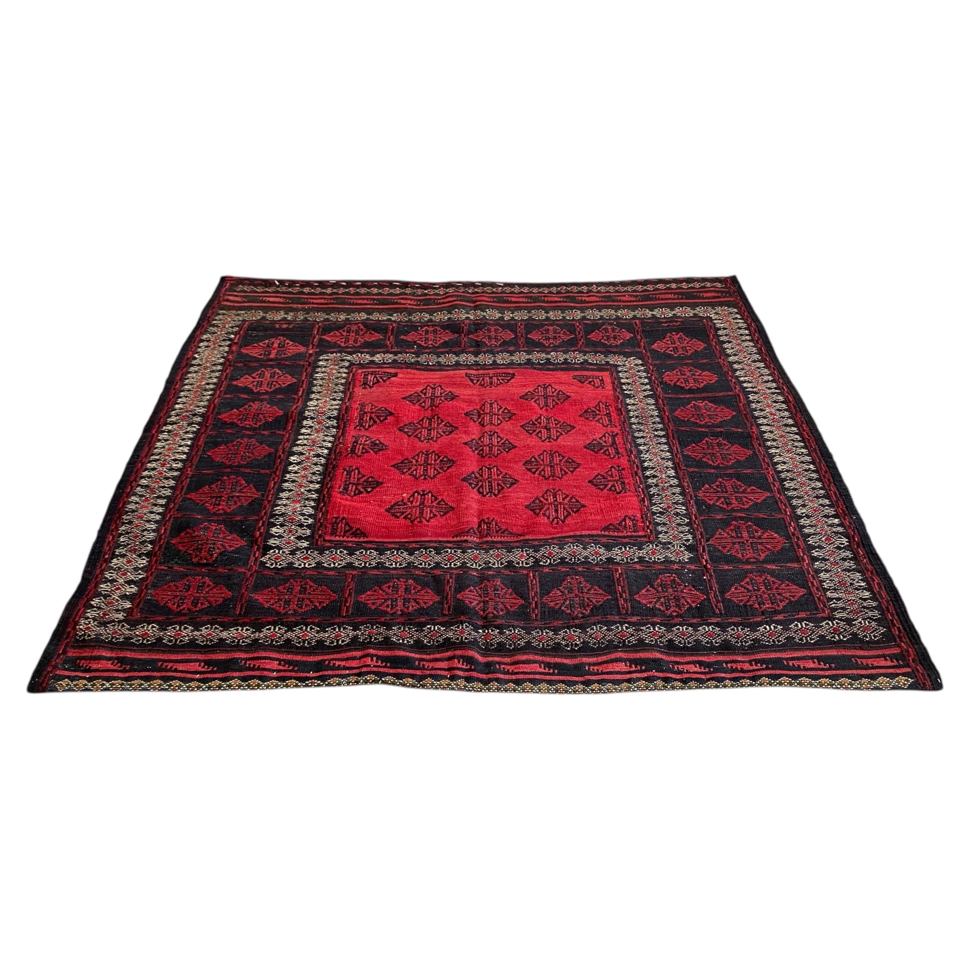 Red Black Square Kilim Rug - Kilim Art Gallery