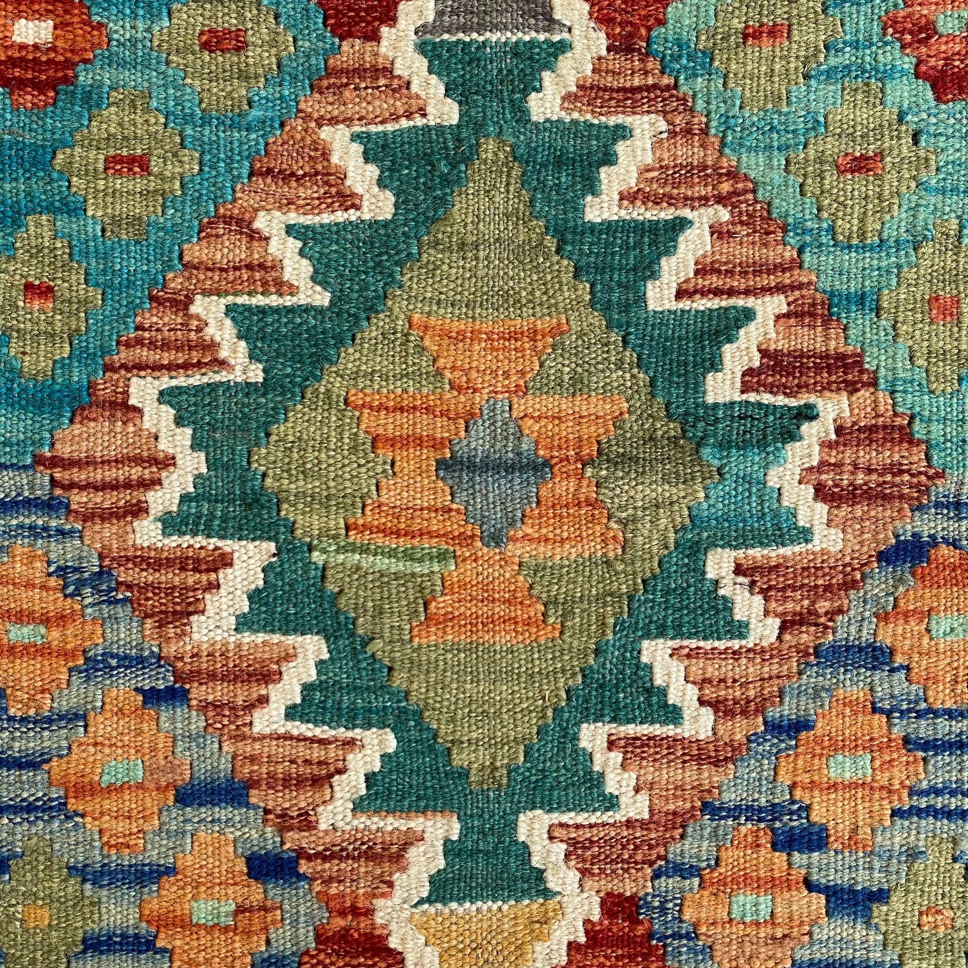 Red Blue White Green Narrow Kilim Runner Rug - Kilim Art Gallery