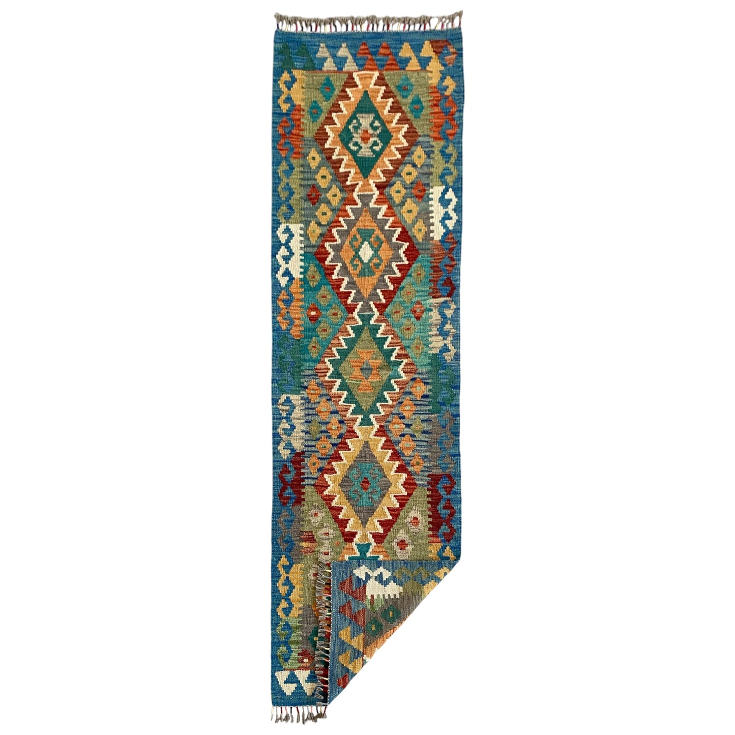 Red Blue White Green Narrow Kilim Runner Rug - Kilim Art Gallery