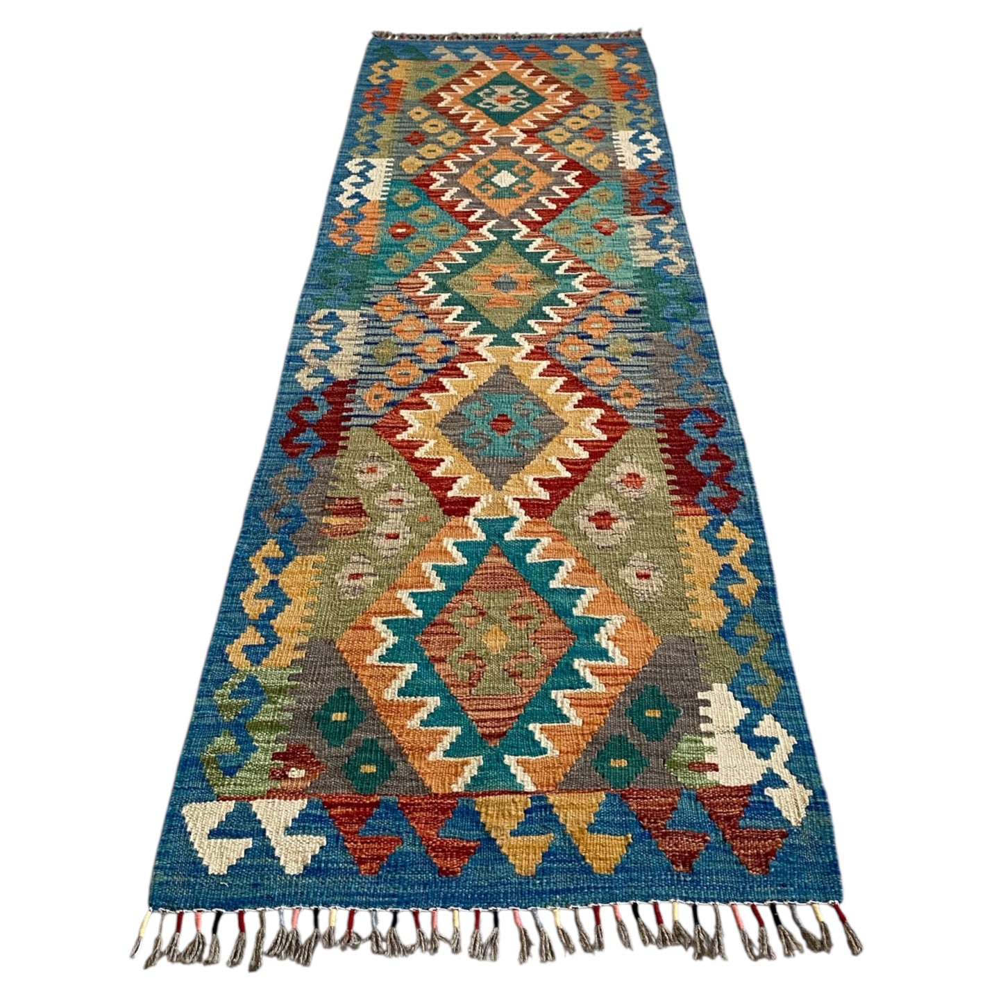 Red Blue White Green Narrow Kilim Runner Rug - Kilim Art Gallery