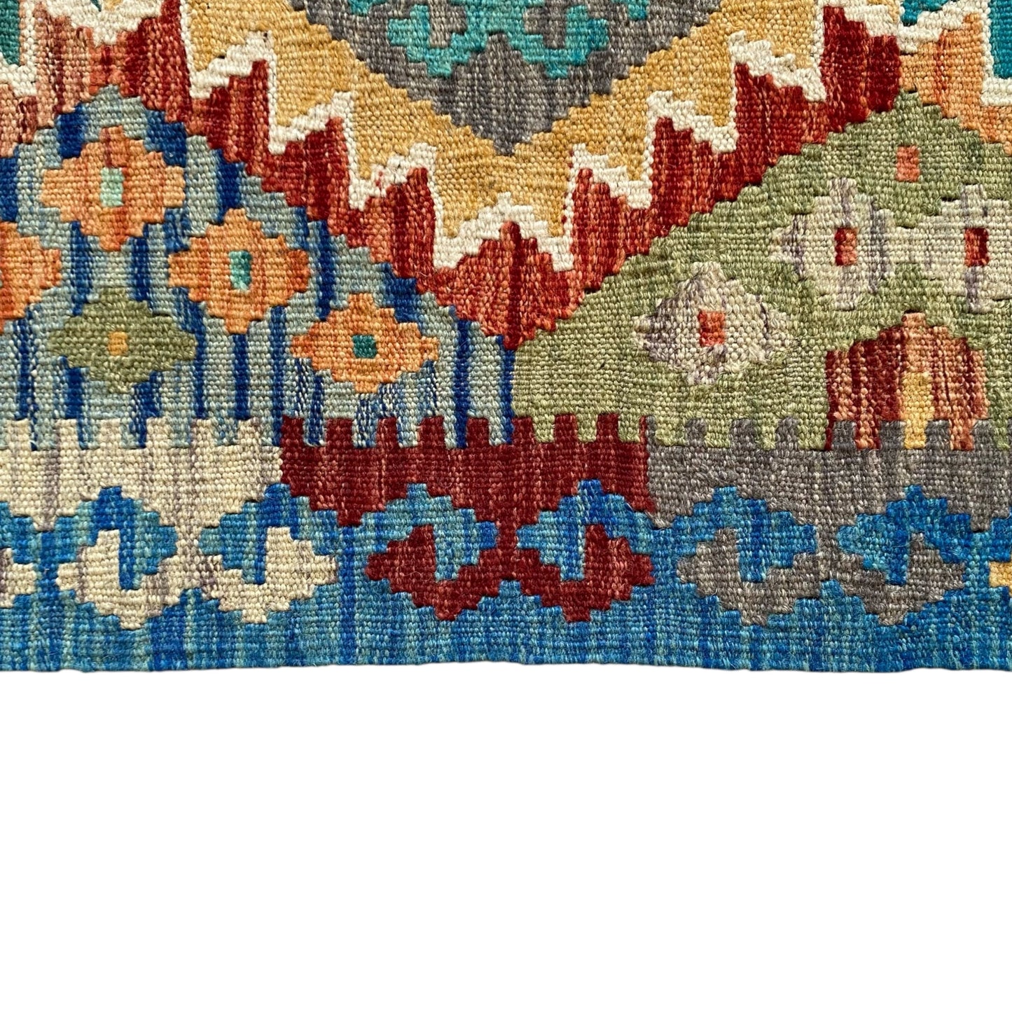 Red Blue White Green Narrow Kilim Runner Rug - Kilim Art Gallery