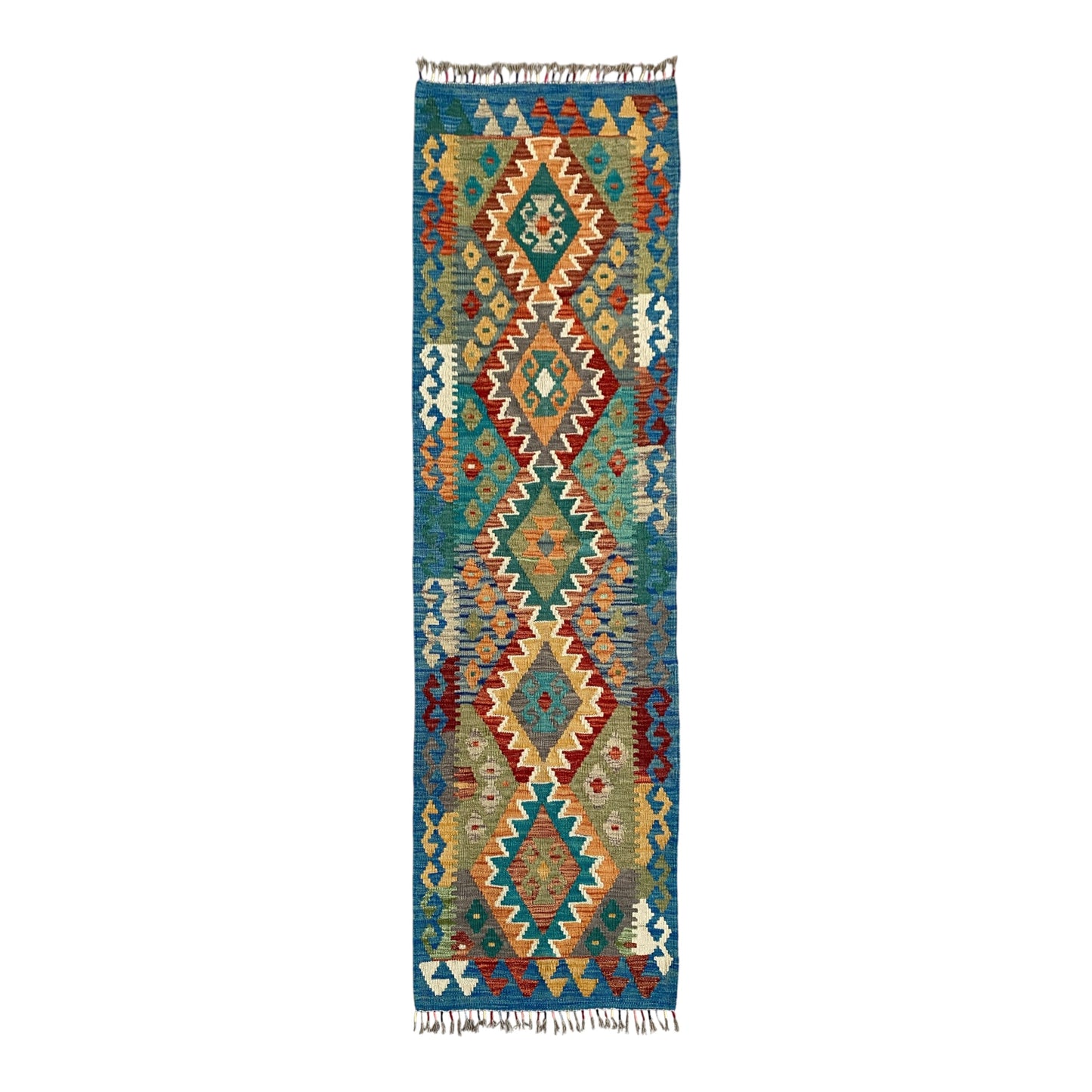 Red Blue White Green Narrow Kilim Runner Rug - Kilim Art Gallery