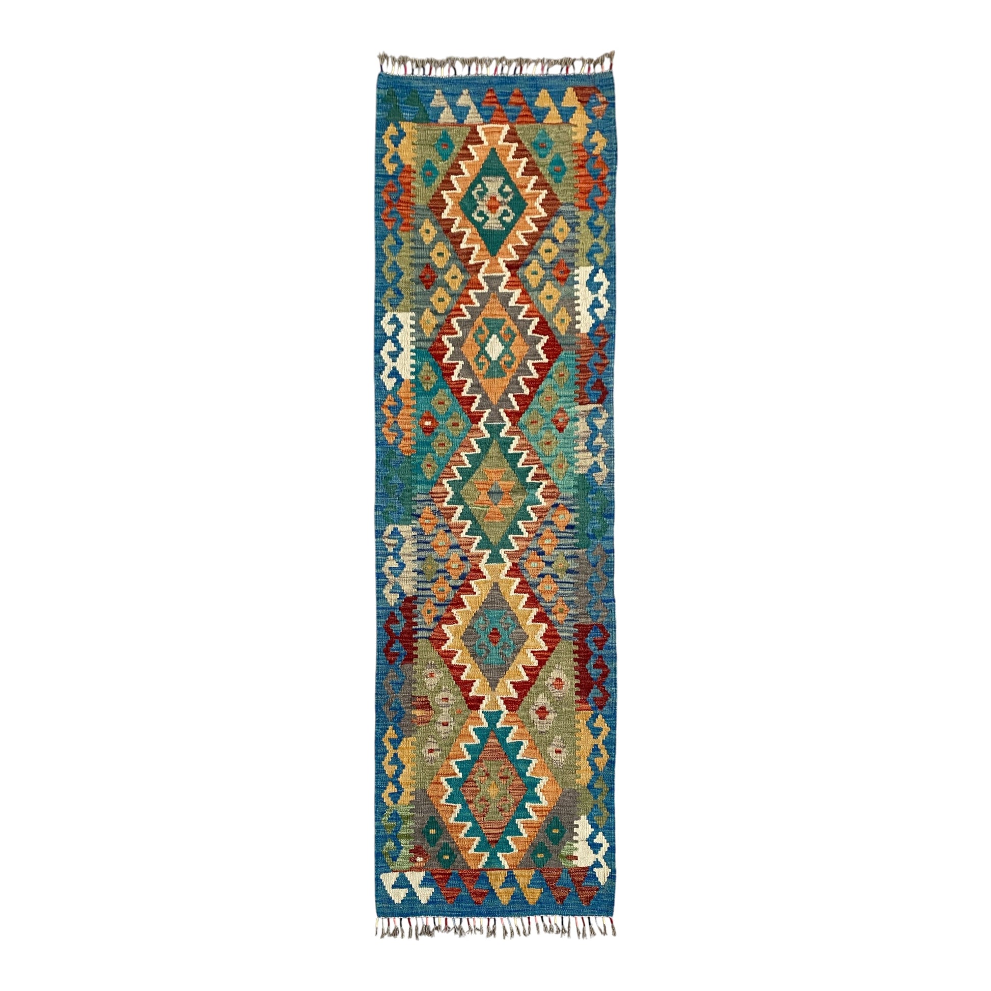 Red Blue White Green Narrow Kilim Runner Rug - Kilim Art Gallery