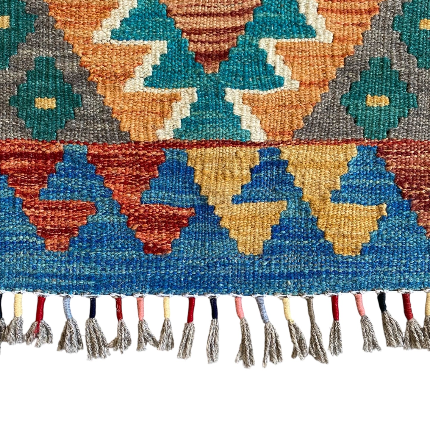 Red Blue White Green Narrow Kilim Runner Rug - Kilim Art Gallery