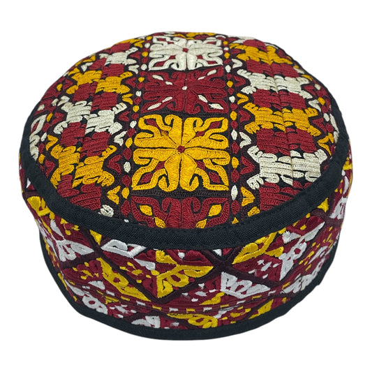Red Yellow White Embroidered Hat - Kilim Art Gallery