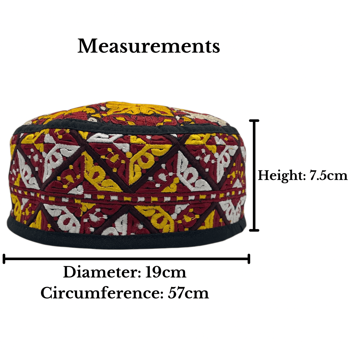 Red Yellow White Embroidered Hat - Kilim Art Gallery